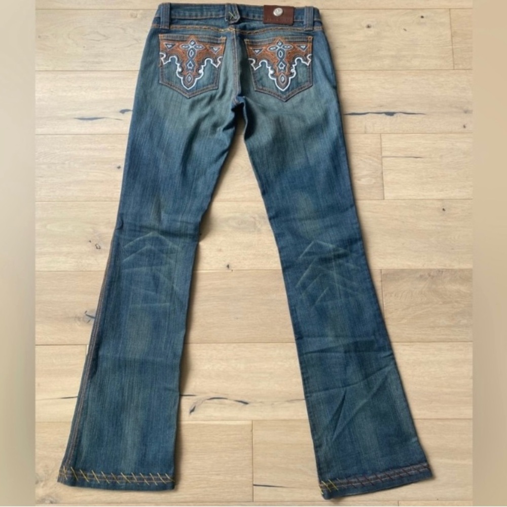 Antik Denim Blue Flare Jeans with Brown Embroidery
